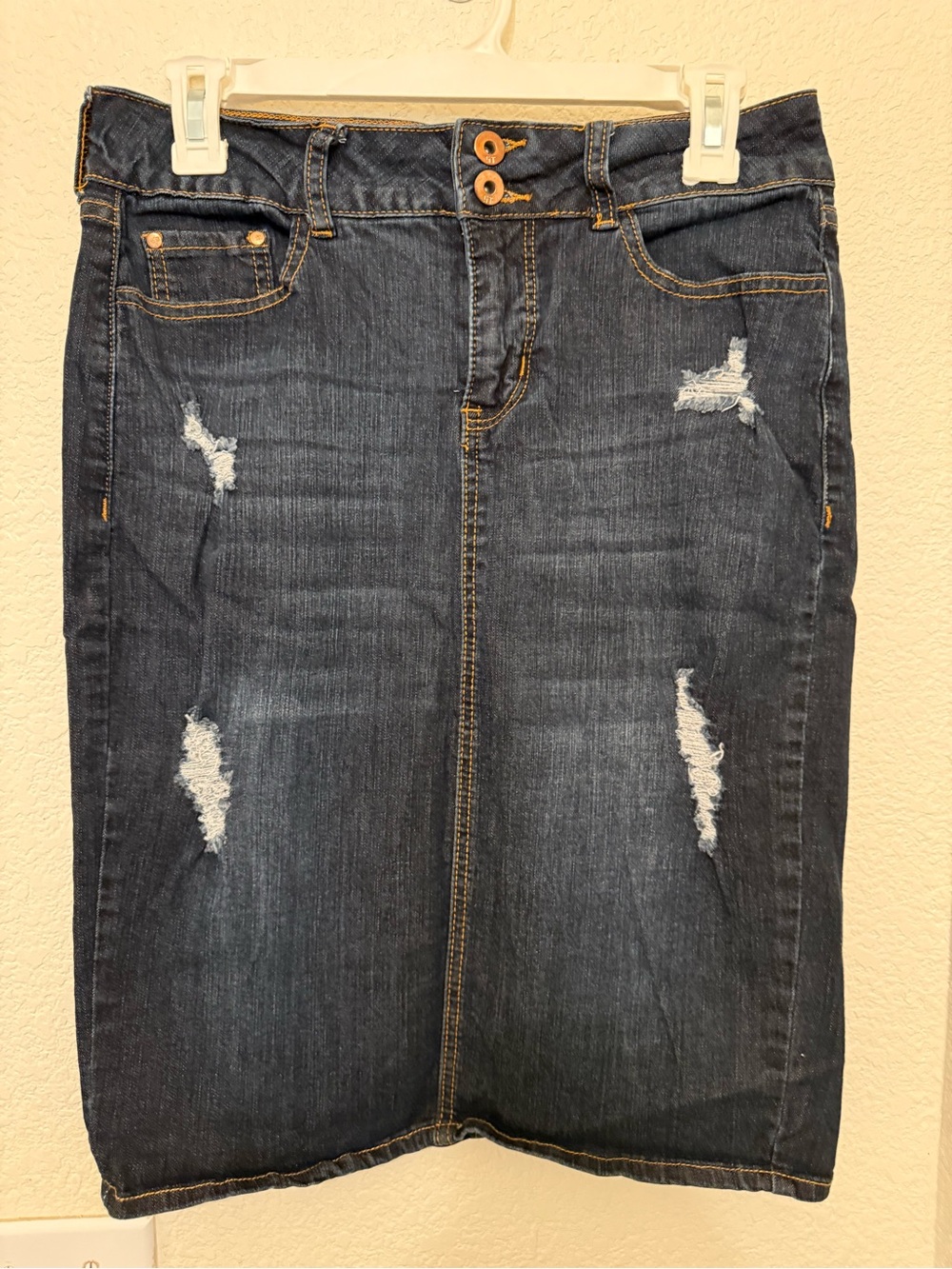 Women’s Dark Blue Distressed Denim Pencil Skirt